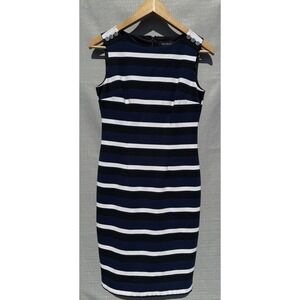 White House Black Market Dress Womens 2 Navy Blue Black WHBM Striped  Sleeveless